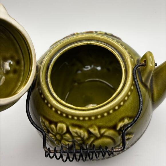 Vintage Japan Olive Green Embossed Fruit Footed Teapot  Decor with Wire Handle - Picture 3 of 5